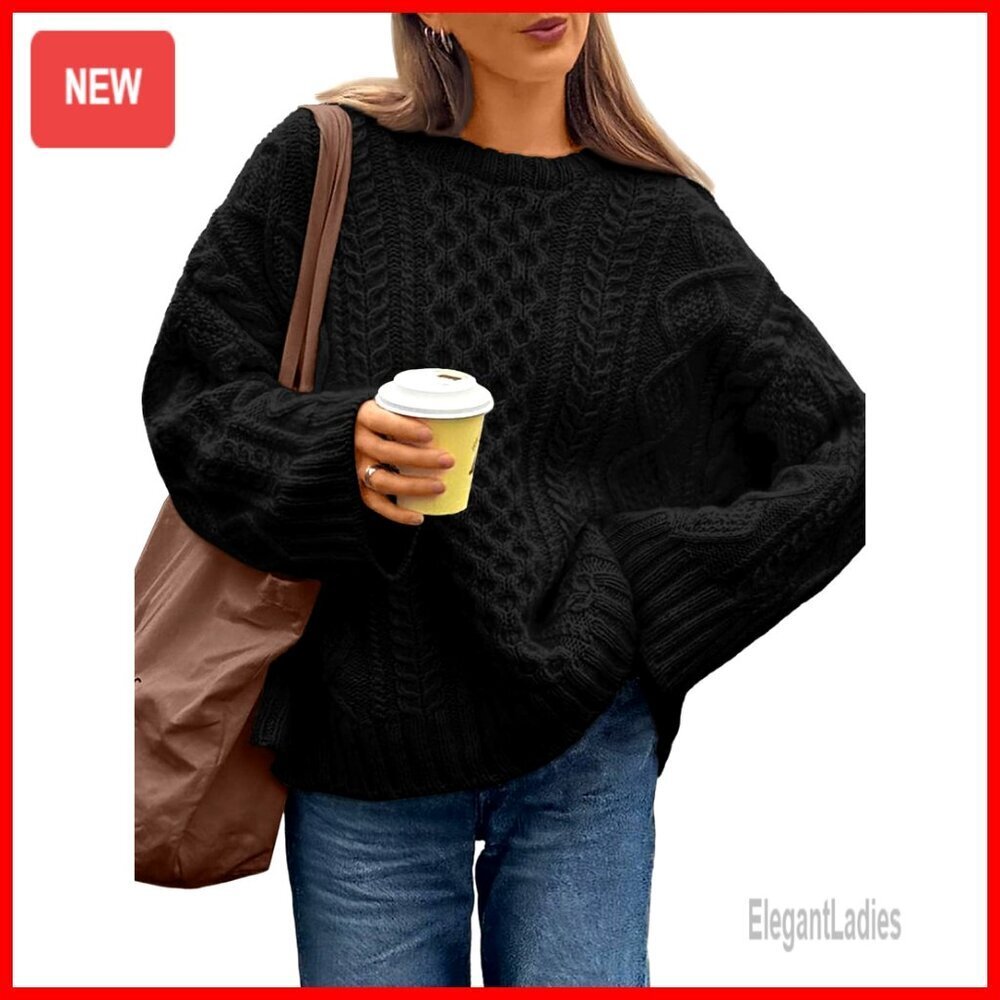 Oversized Cable Knit Pullover Sweater Women's Crewneck Fall Fashion Top